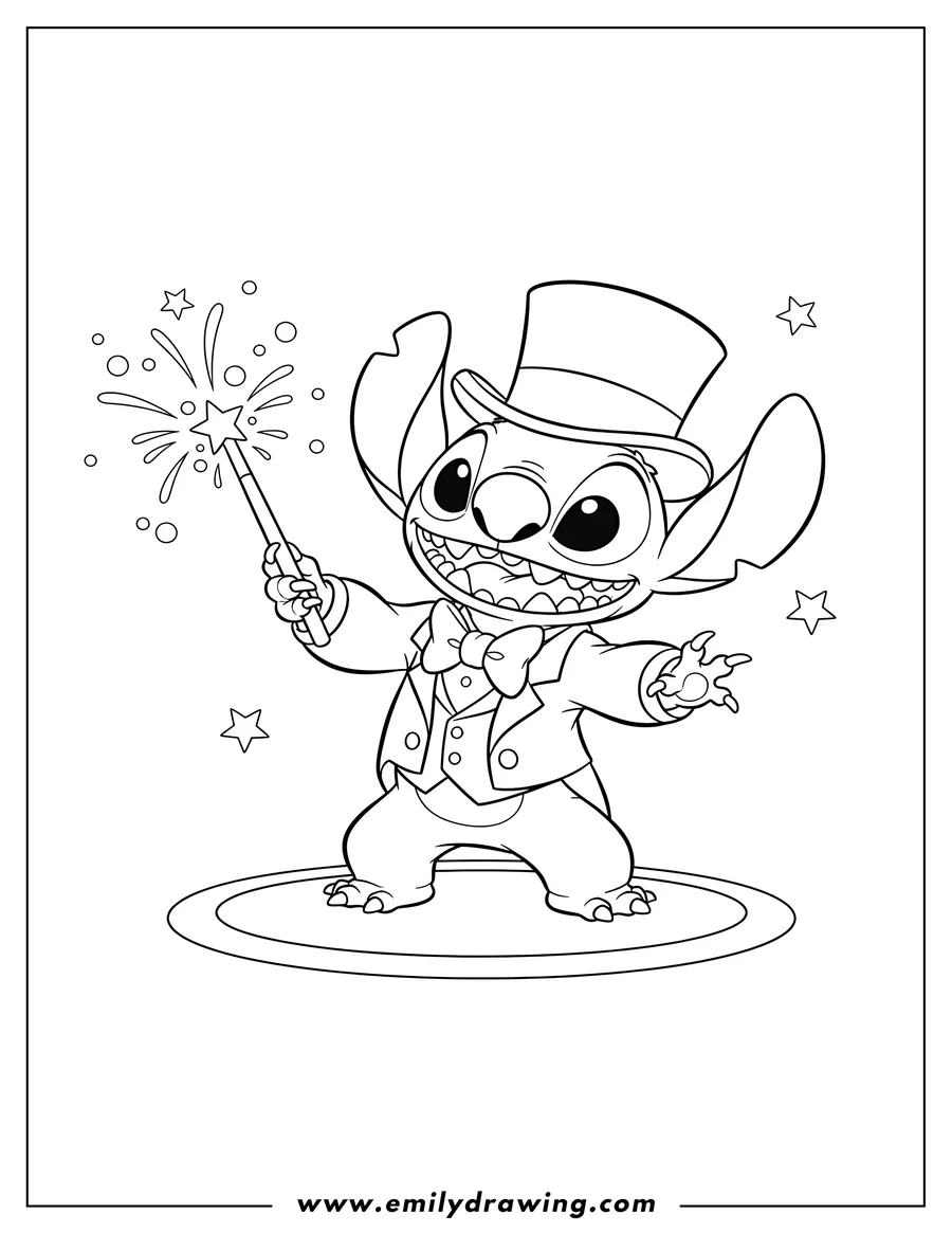 Simple sketch of smiling Stitch in a tuxedo, top hat, and bowtie, performing magic with a wand to color