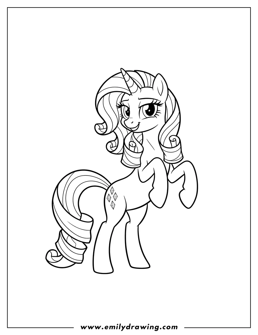 Linear illustration of smiling unicorn Rarity standing confidently