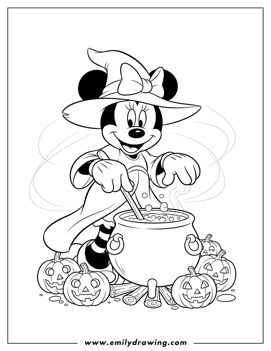 Free printable coloring sheet of smiling Witch Minnie Mouse stirring a cauldron, surrounded by jack-o'-lanterns
