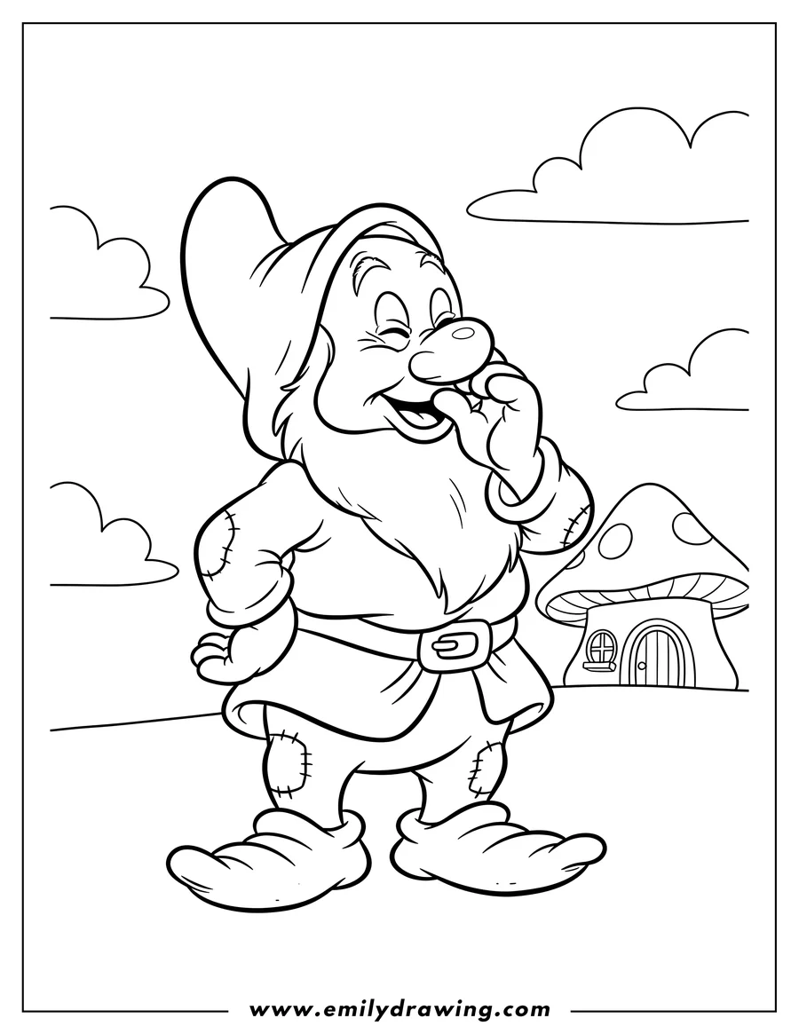 Coloring page for kids: sneezy Dwarf looking up with hand to his face