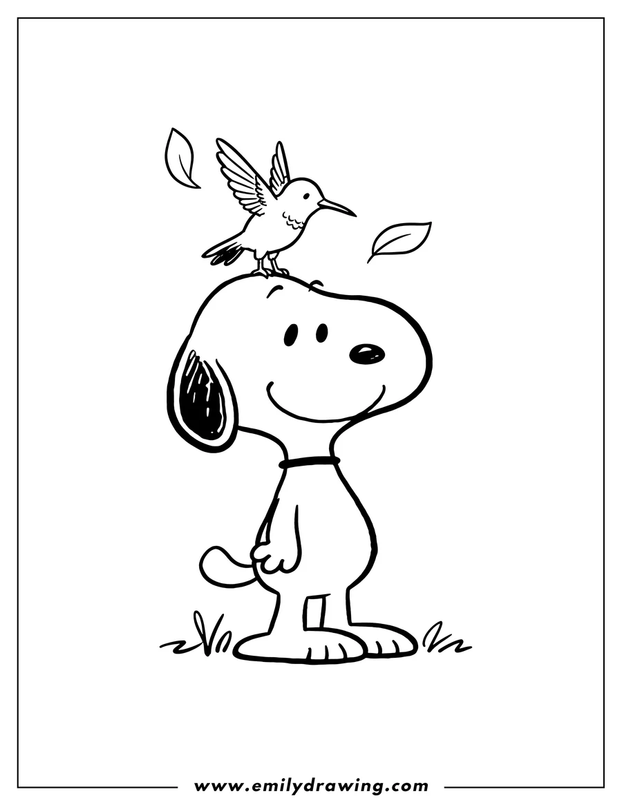 Coloring page of snoopy standing and smiling, with a hummingbird perched on his head