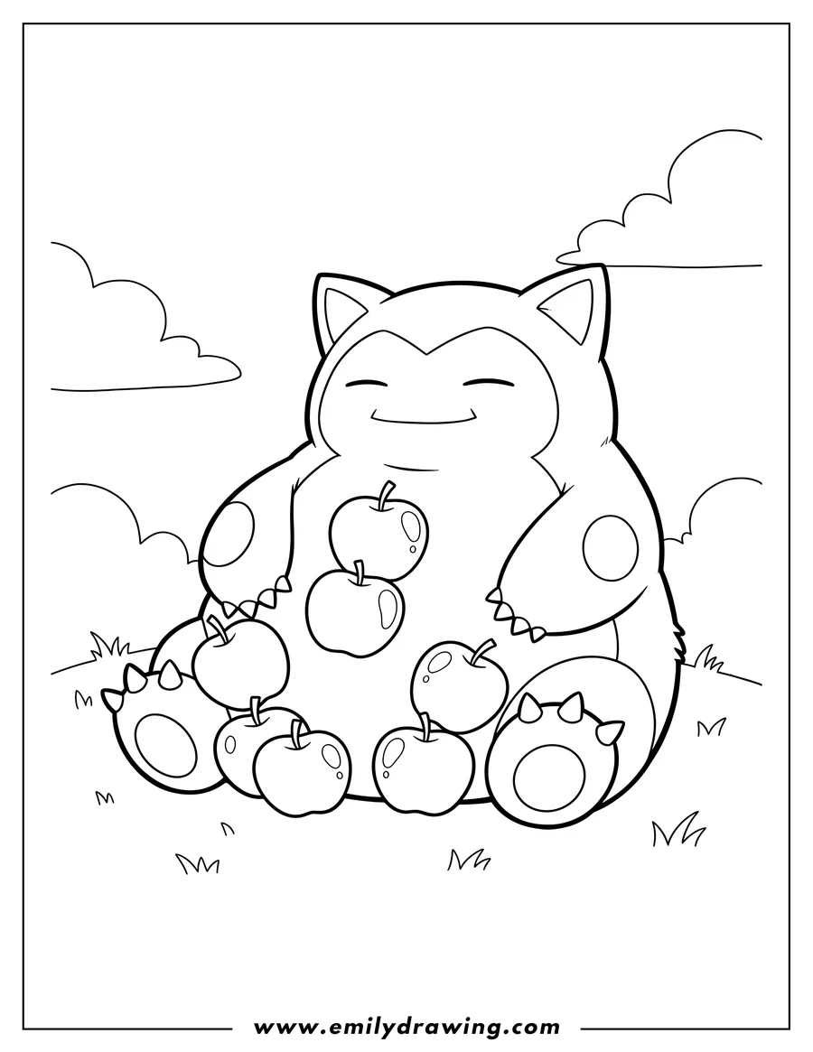 Full page coloring image of snorlax sitting and sleeping with apples on its stomach