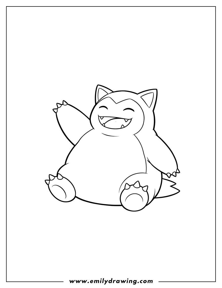 Vector style outline of snorlax sitting, waving, and smiling happily