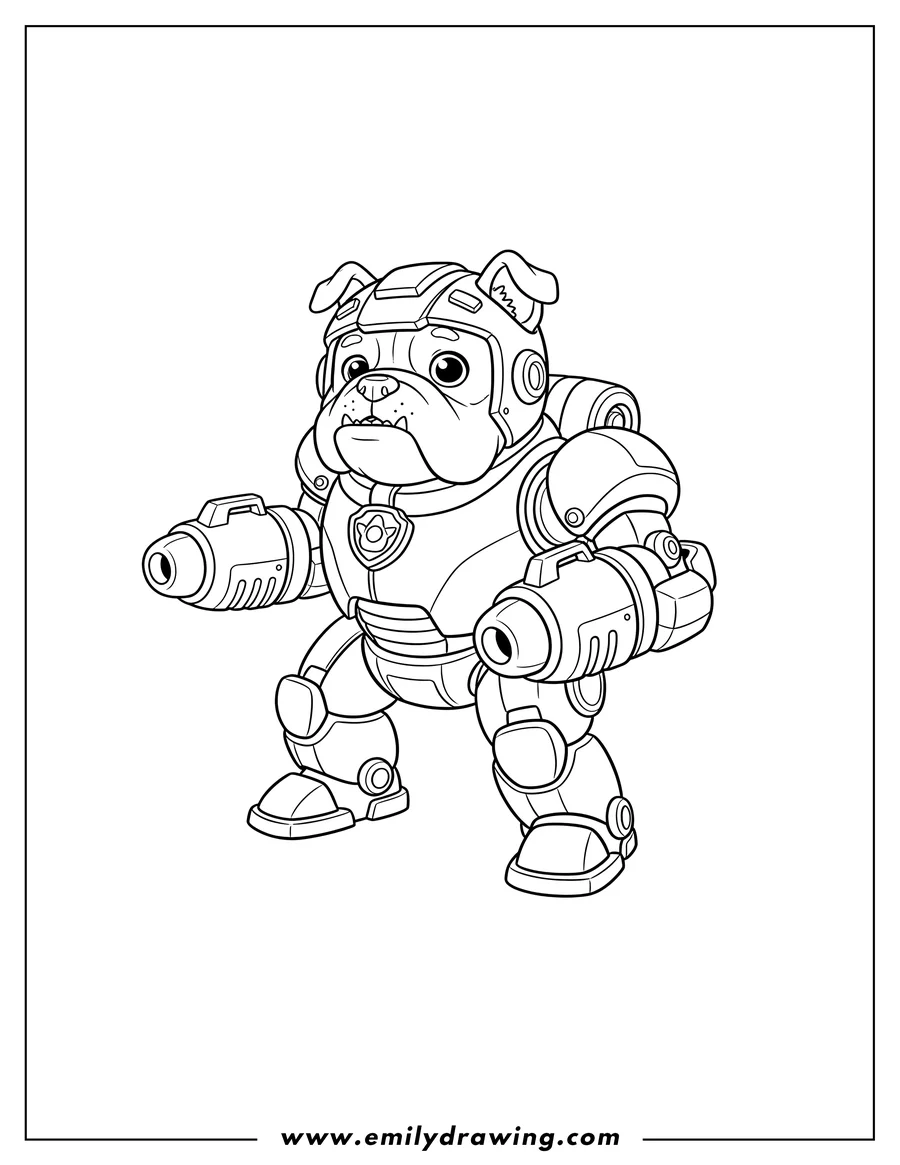 Clean line drawing: snuffles Dog Mech Suit, with a helmet and arm cannons