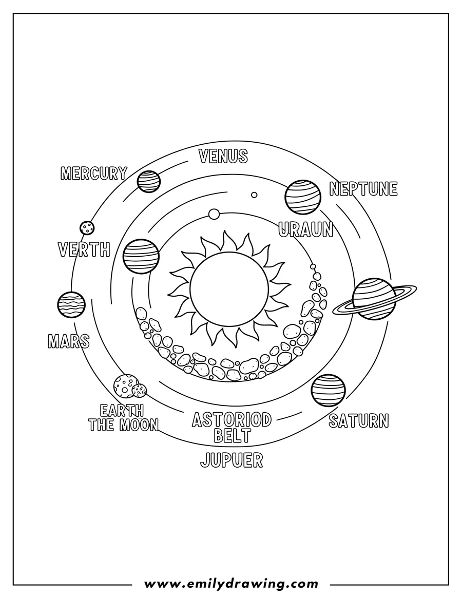 Coloring page for kids: simple Solar System Scaled with labeled planets, the Moon, and an asteroid belt