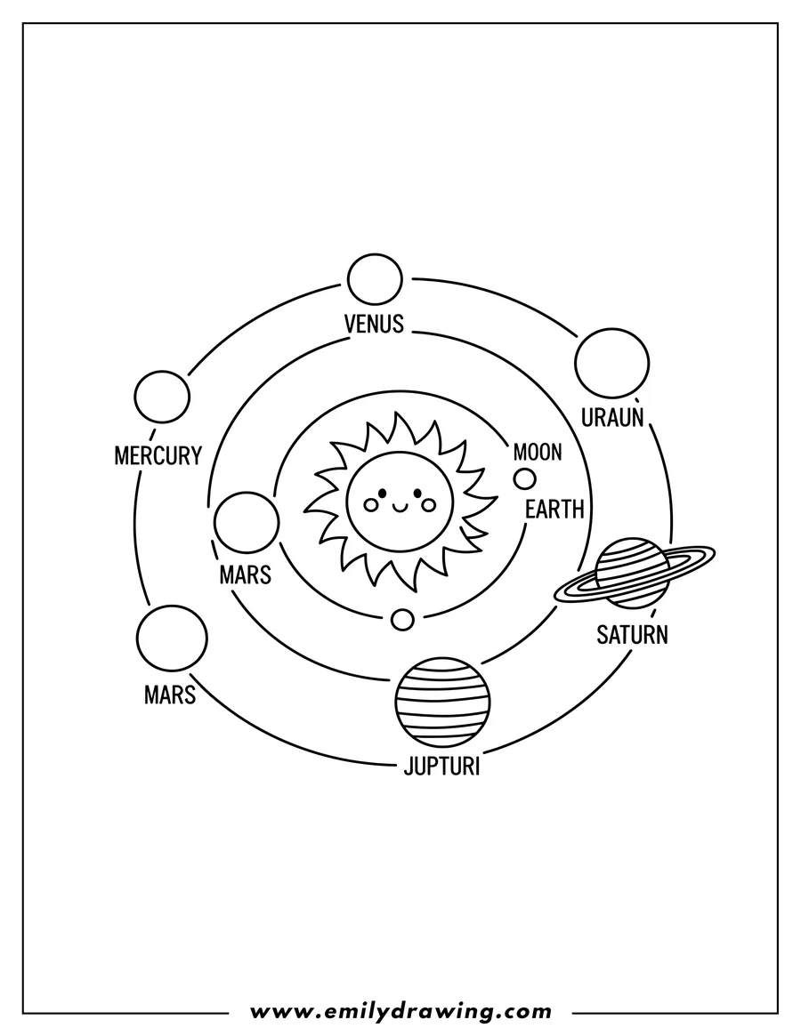 Printable line art of simple Solar System Preschoolers Scaled with labeled planets orbiting the sun, including Saturn with rings and Earth with its moon