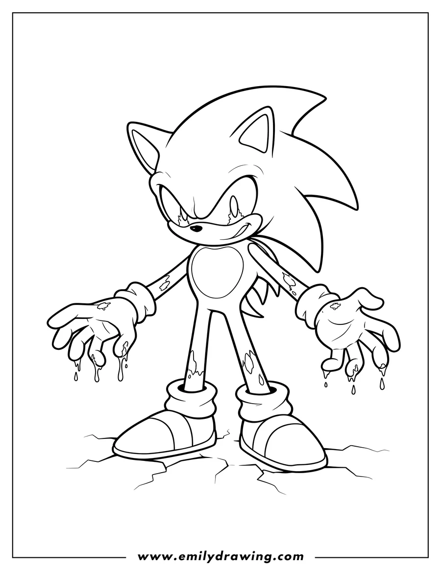 Downloadable coloring page of simple Sonic Exe Bloodied With Torn Gloves, standing menacingly with outstretched hands