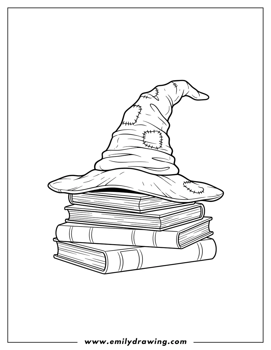 Linear illustration of easy Outline Harry Potter Sorting Hat sitting on a stack of books
