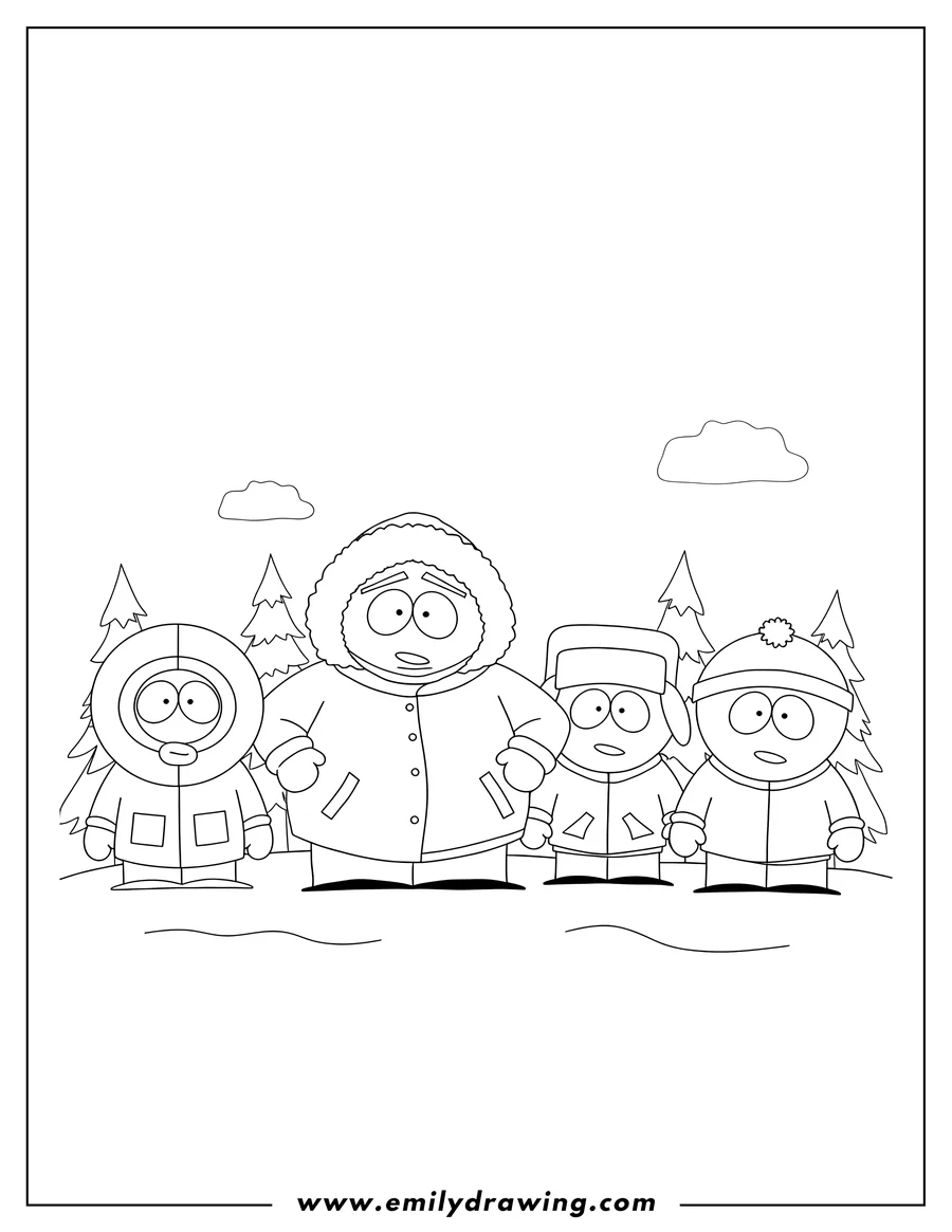 Coloring page for kids: south Park Cartoon Eric Kenny Kyle And Stan standing together in winter clothes