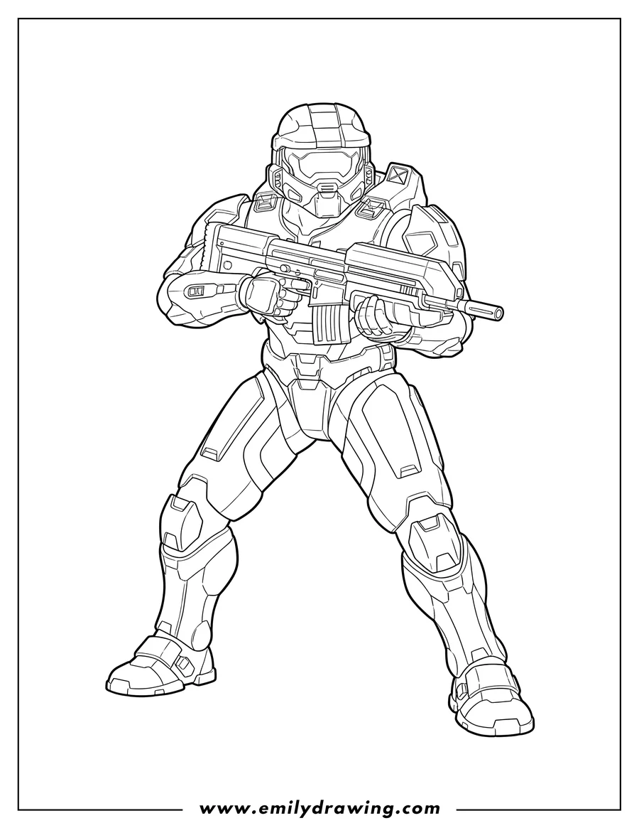 Outline drawing of halo Spartan Battle Stance, holding a rifle