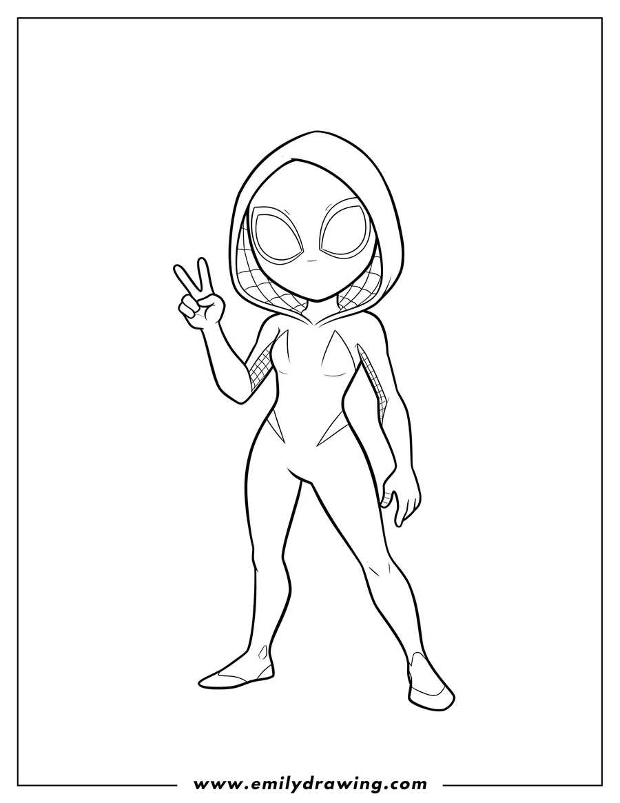 High quality printable simple Spider Gwen doing a peace sign, wearing her hooded suit for coloring