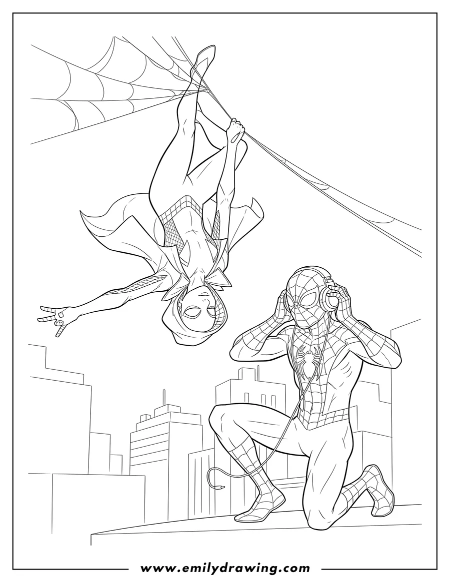 Printable coloring page of spider Gwen Hanging Upside Down Next To Spider Man Kneeling While Wearing Headphones