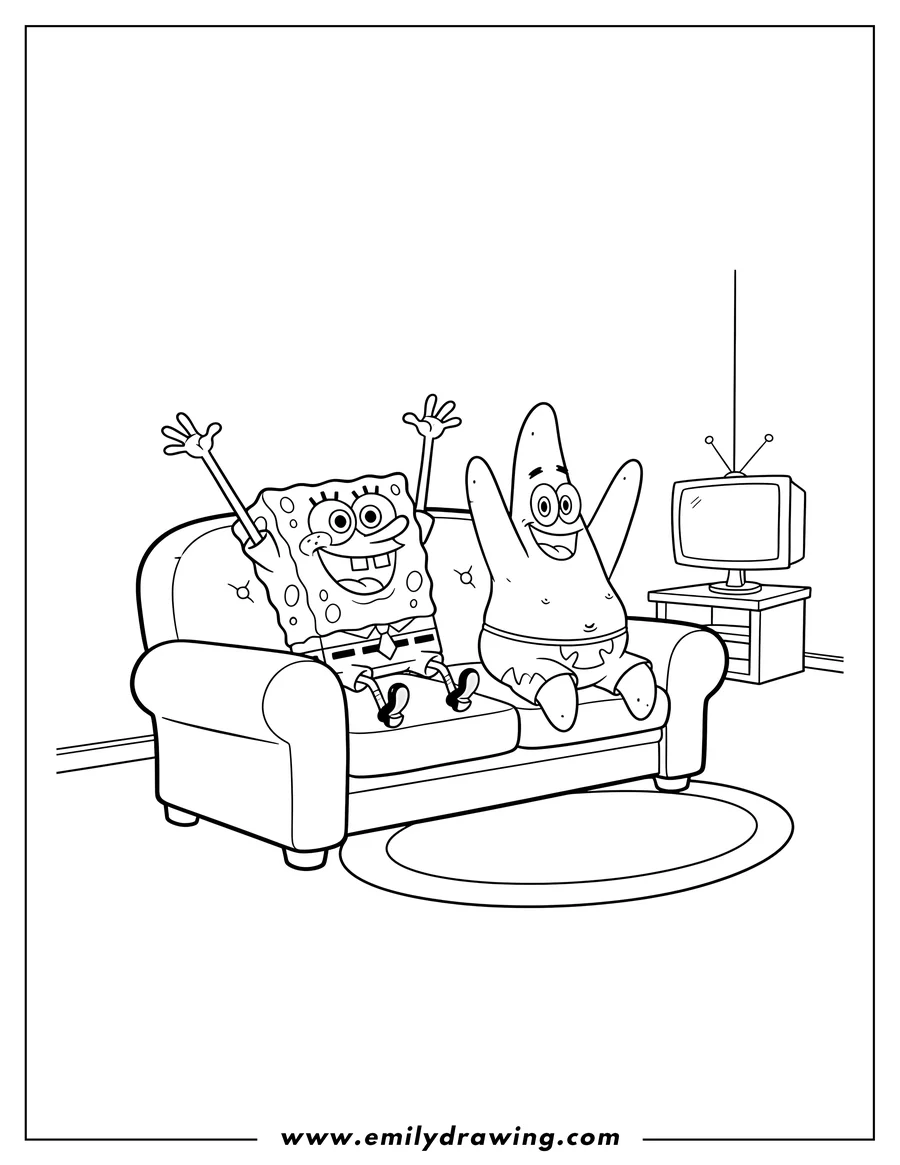 Coloring page for kids: spongebob and Patrick Star cheering with raised arms on a sofa