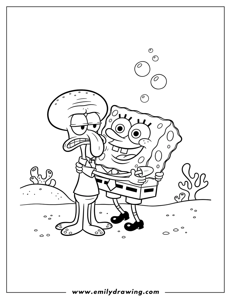 Linear illustration of spongebob cheerfully hugging an unhappy Squidward