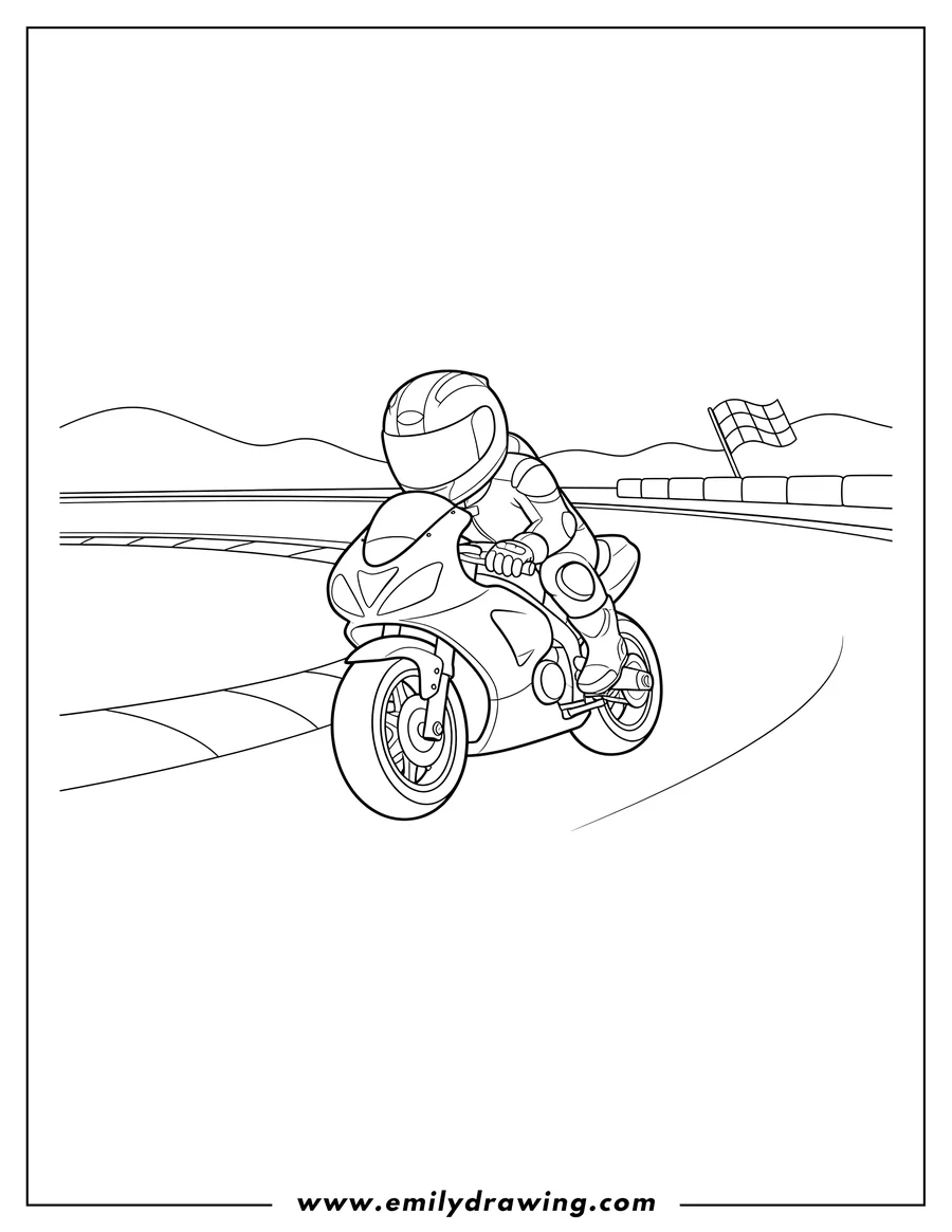 Coloring page for kids: motorcycle Racing Scaled, sport bike with rider leaning into a turn