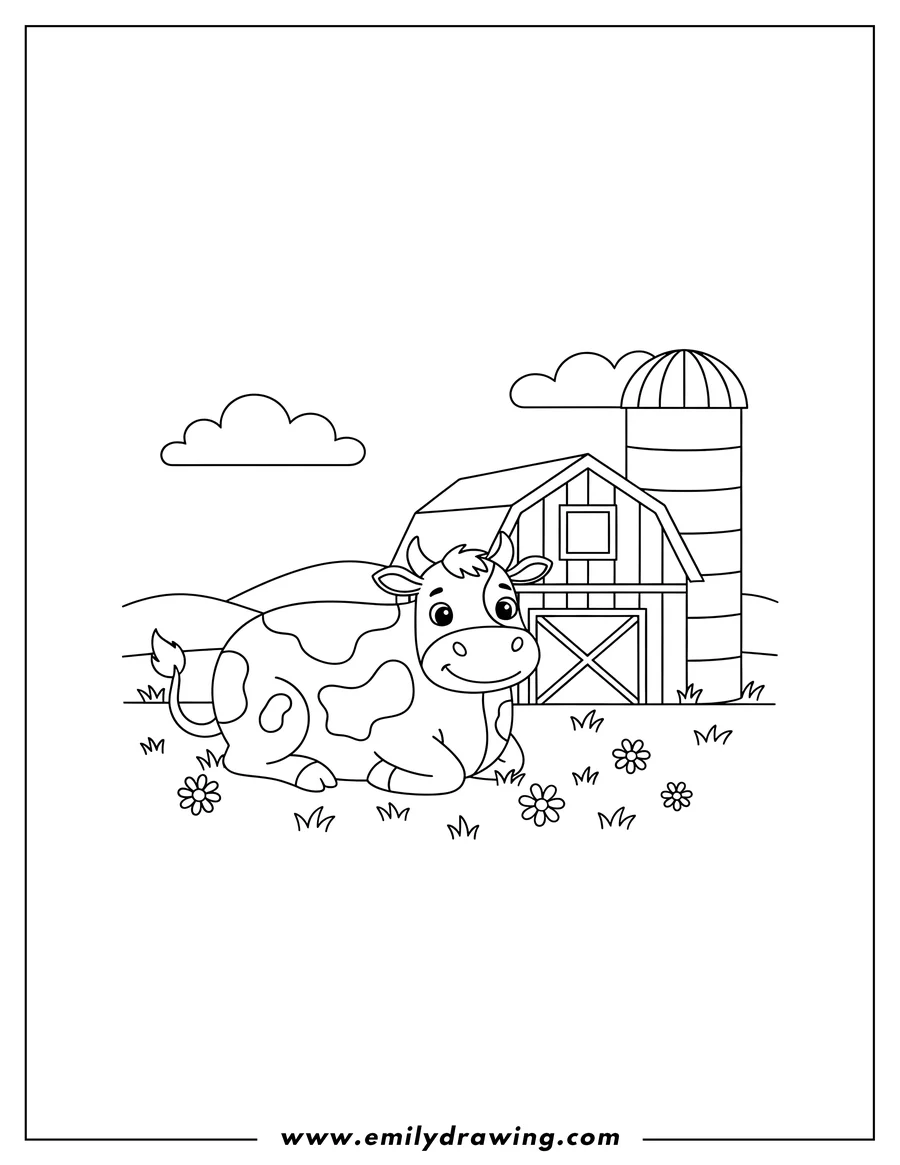 Coloring sheet featuring spotted Cow Lying Down in Meadow Beside Farm Barn and Silo