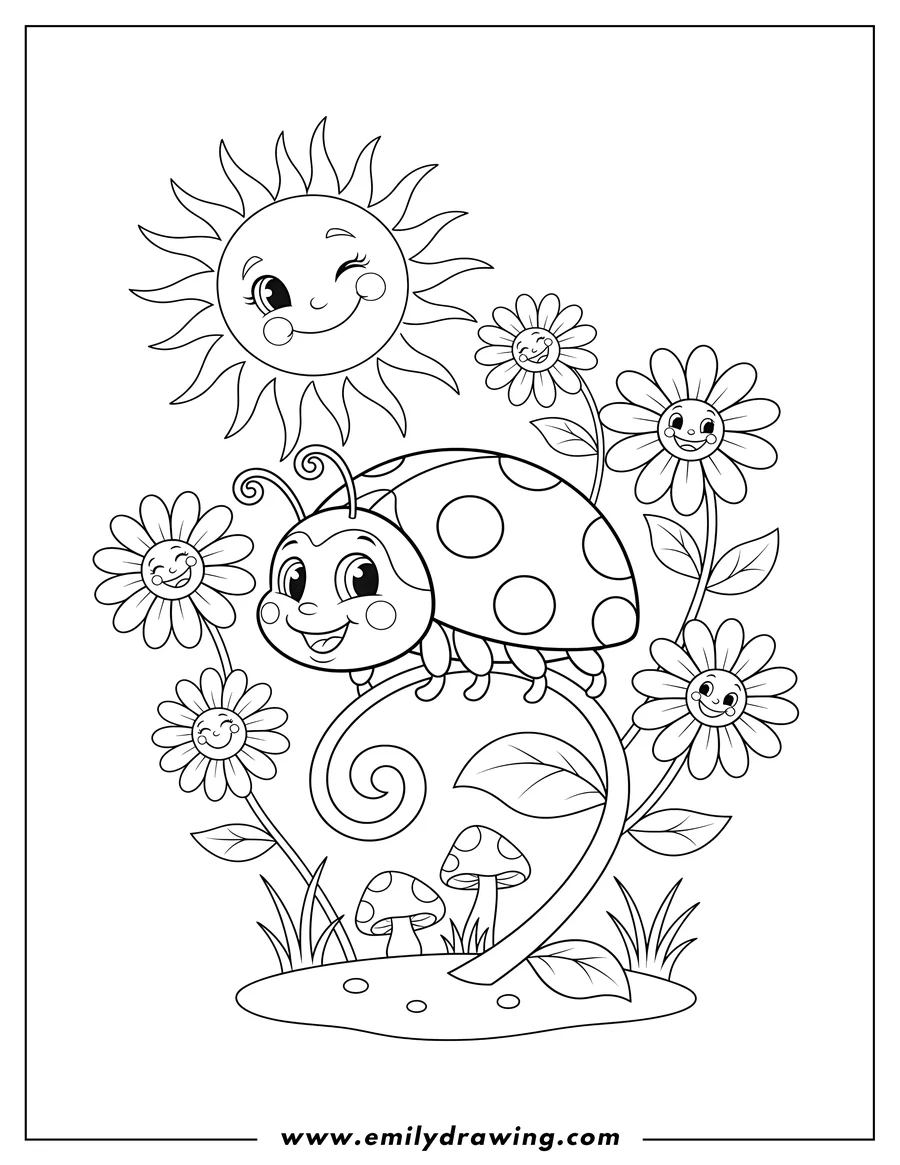 Vector style outline of spotted Ladybug Exploring Garden with Smiling Daisies and Sunshine