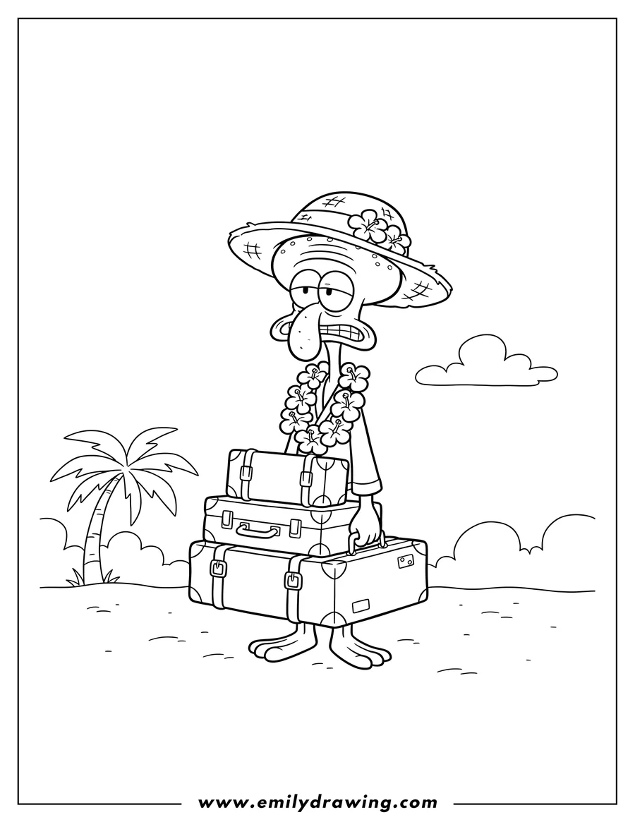 Free printable coloring sheet of simple Squidward Going On Vacation, carrying suitcases, wearing a hat and lei, with a dazed expression