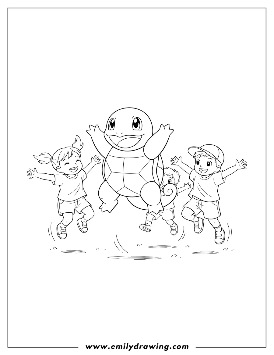 Linear illustration of squirtle smiling with arms raised, jumping with preschoolers