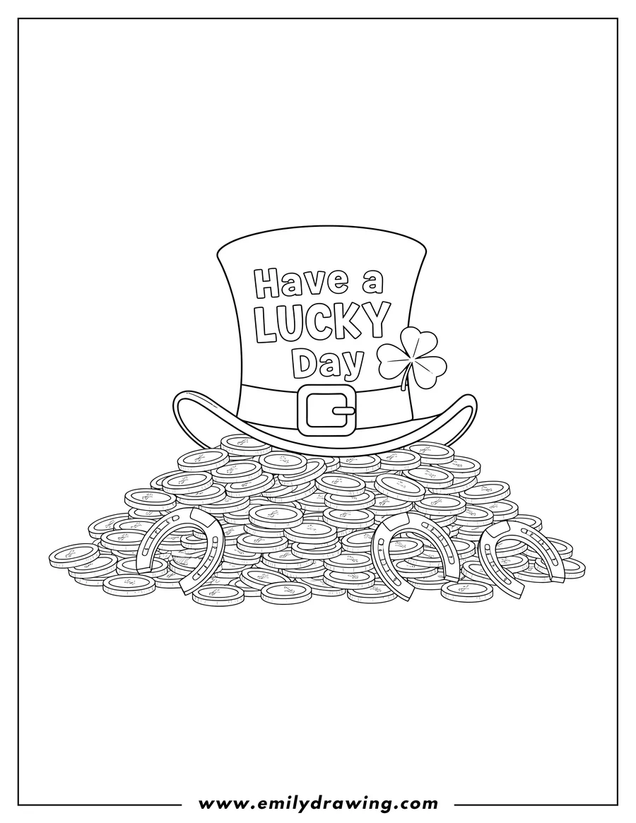 Coloring page of st Patrick S Hat with Have a LUCKY Day text and a shamrock, sitting on a pile of Gold Coins, with Horseshoes To Color