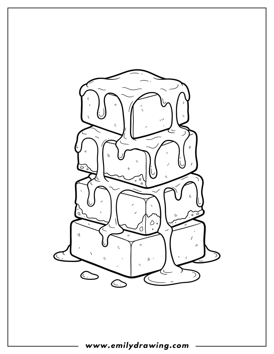 Vector style outline of simple To Color Stacked Chocolate Pieces with dripping frosting