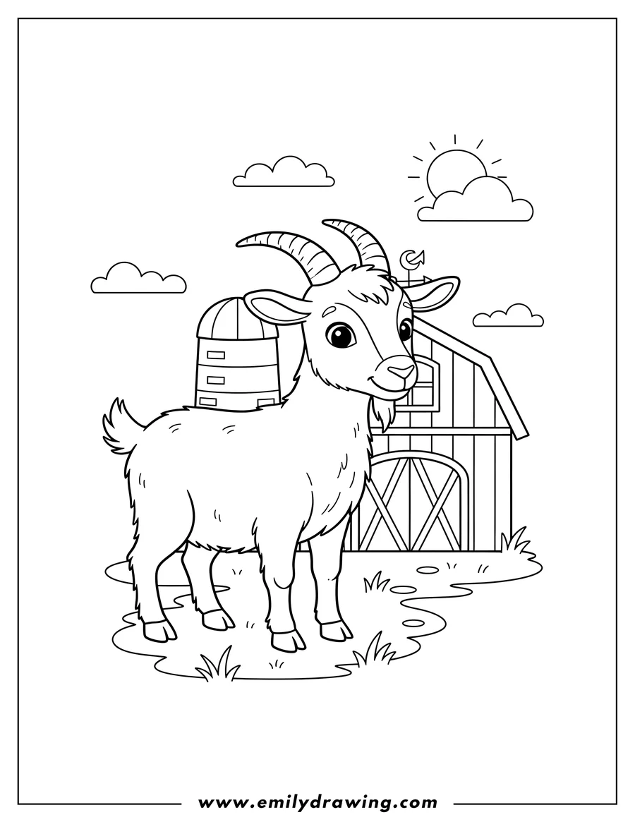 Doodle style coloring picture of standing Farm Goat with Horns and a Barn To Color