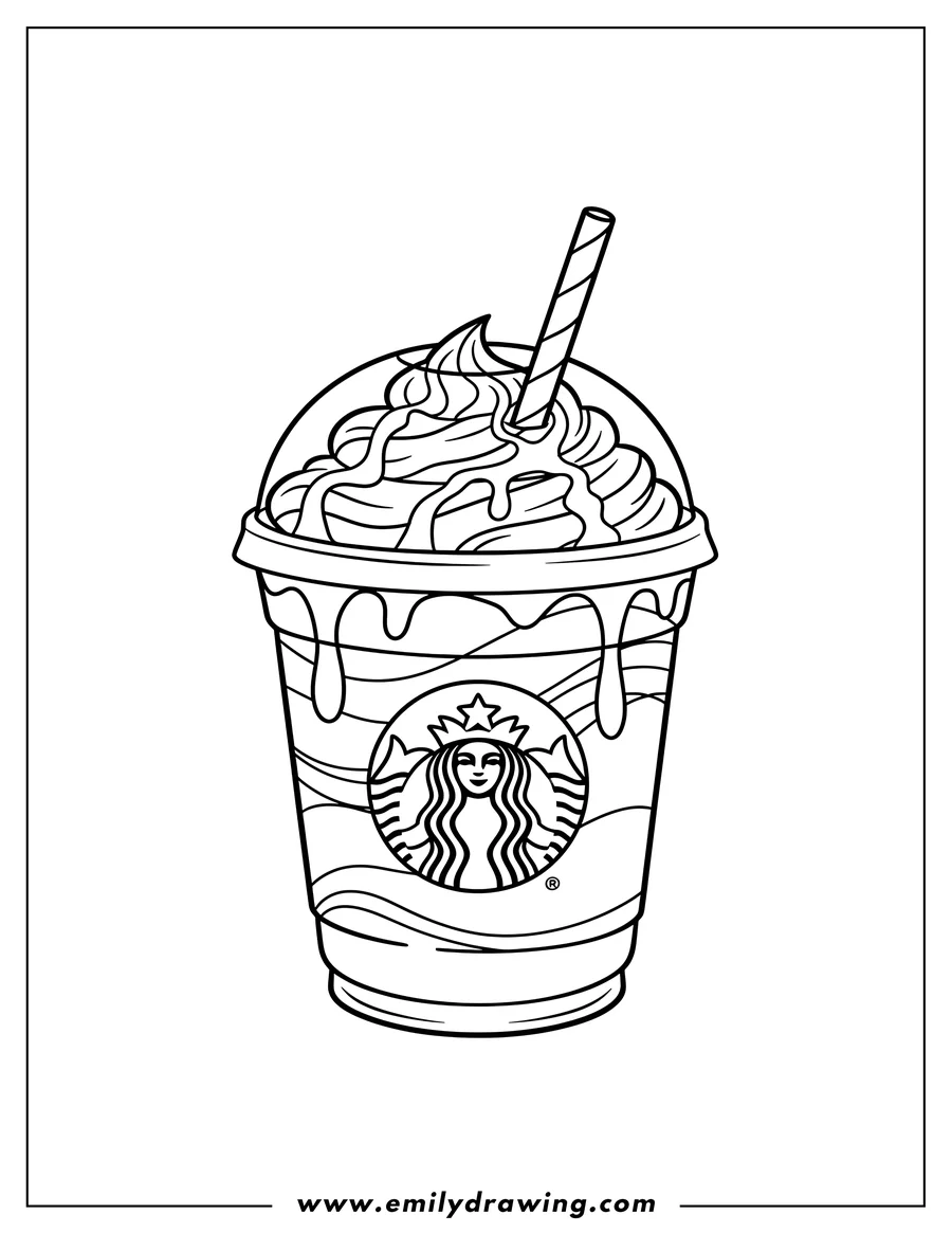 High quality printable simple Starbucks Frappe With Chocolate Syrup, topped with whipped cream, a straw, and a Starbucks logo on the cup for coloring