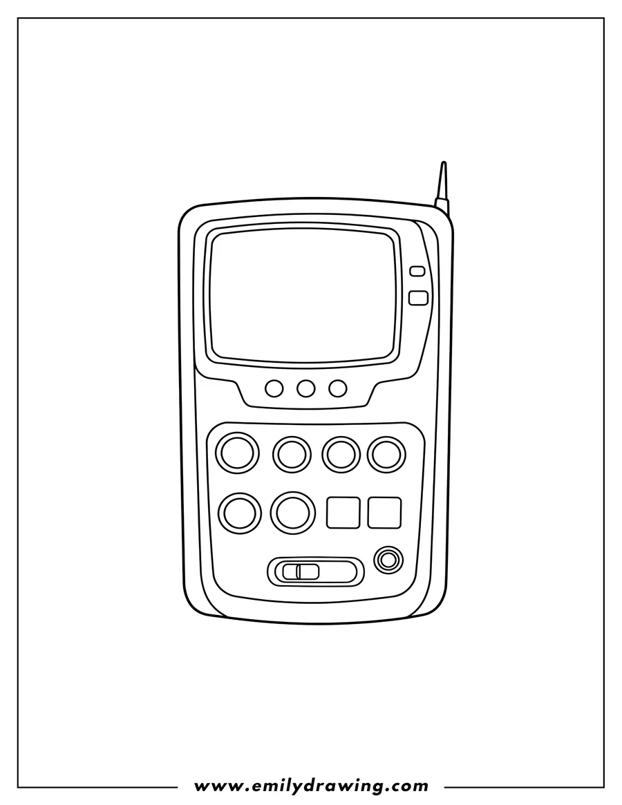 Black and white line art of simple Starfleet TR 560 Tricorder VI outline with buttons and a screen