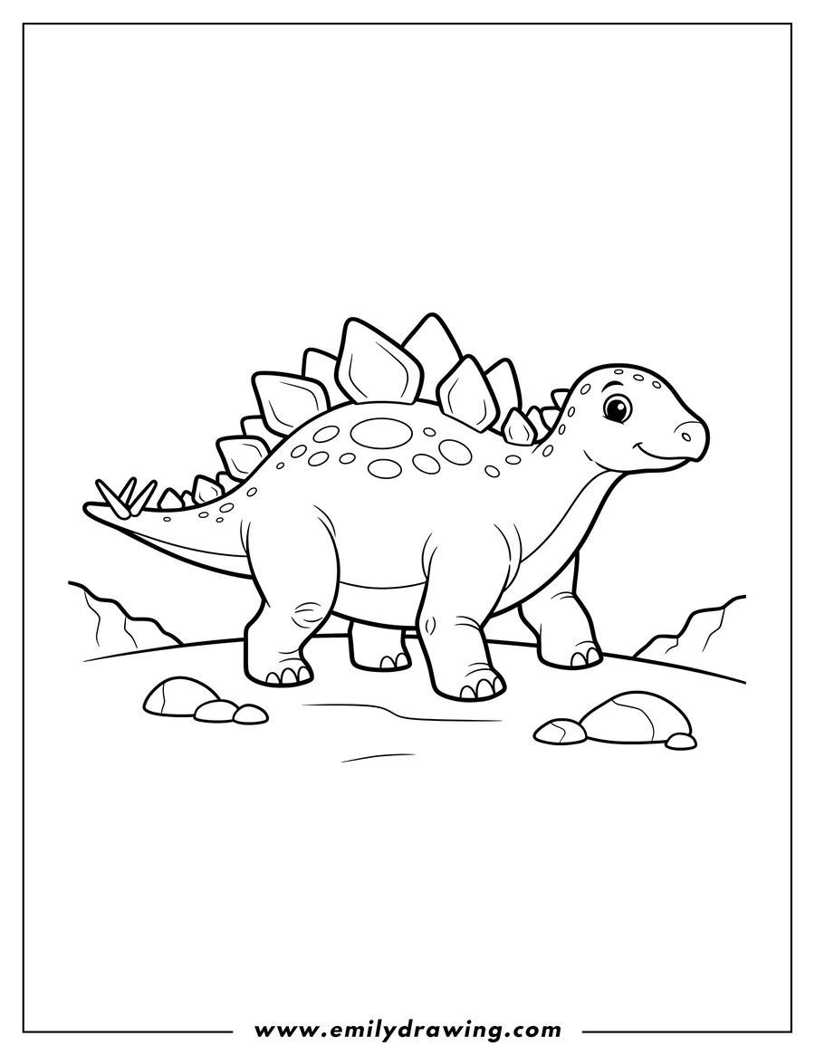 Outline drawing of simple Stegosaurus with plates and thagomizer walking on rocky terrain