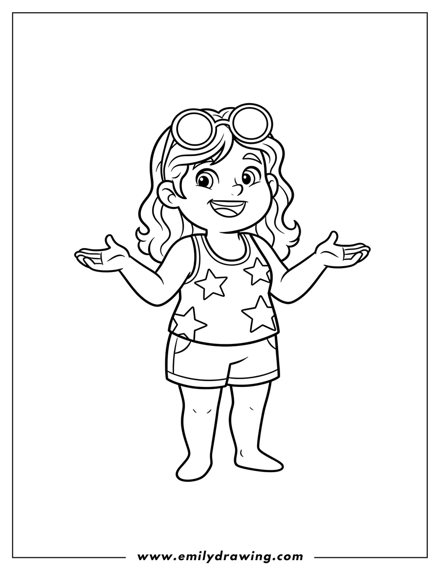 Outline drawing of simple Stephanie wearing a star tank top and shorts, with sunglasses on her head, standing and gesturing, outline