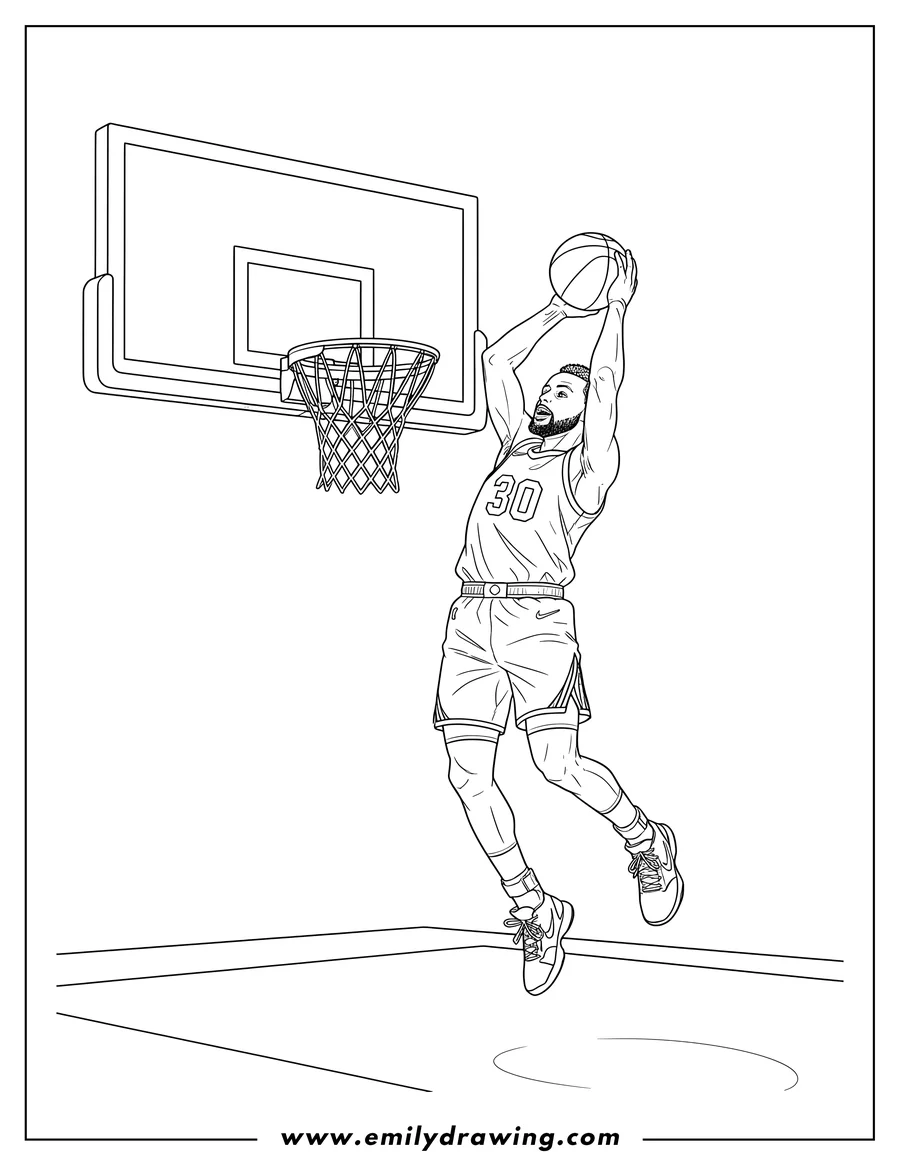 Coloring sheet featuring stephen Curry, wearing jersey number 30, soaring through the air to dunk a basketball