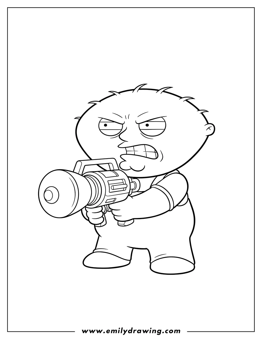Vector style outline of stewie with an angry expression, holding a ray gun in both hands, coloring page