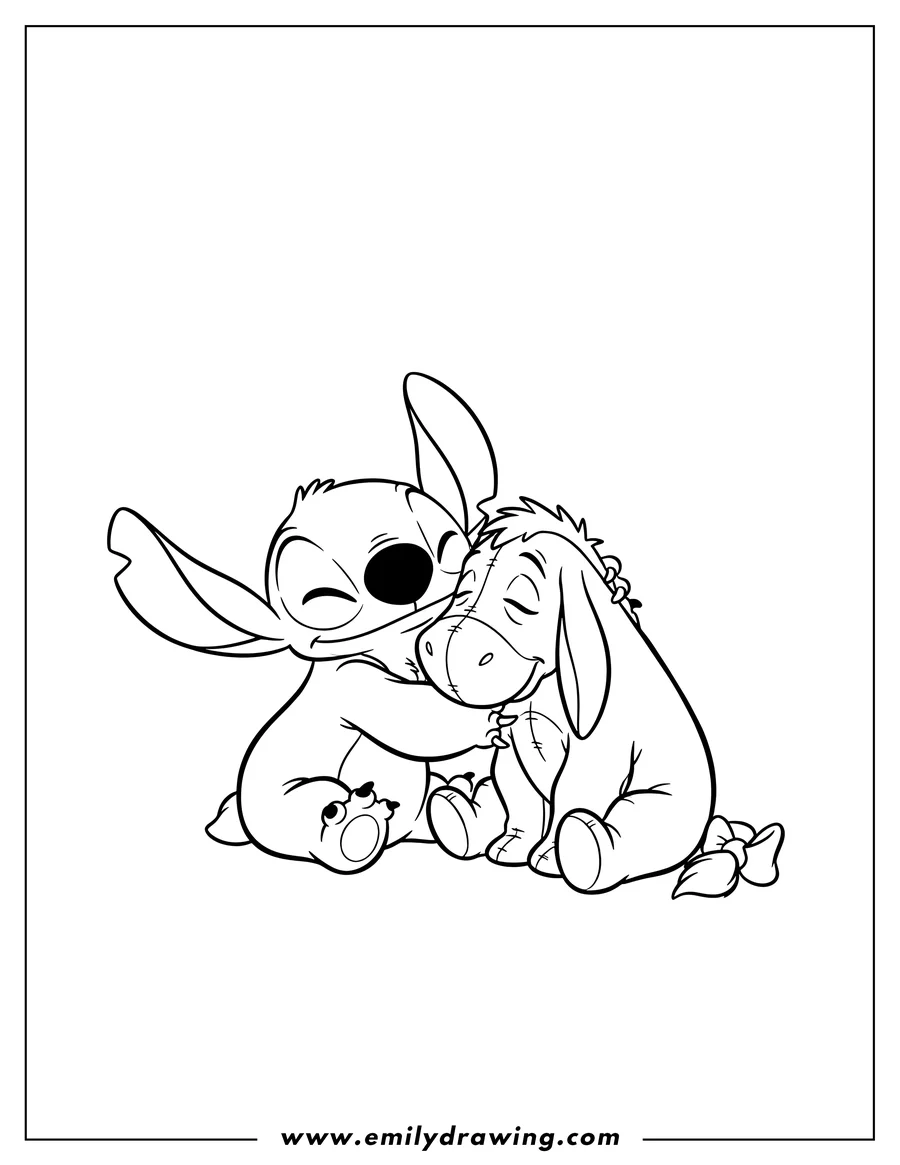 Clean line drawing: simple Stitch gently hugging a sitting Eeyore, both with closed eyes, for preschoolers