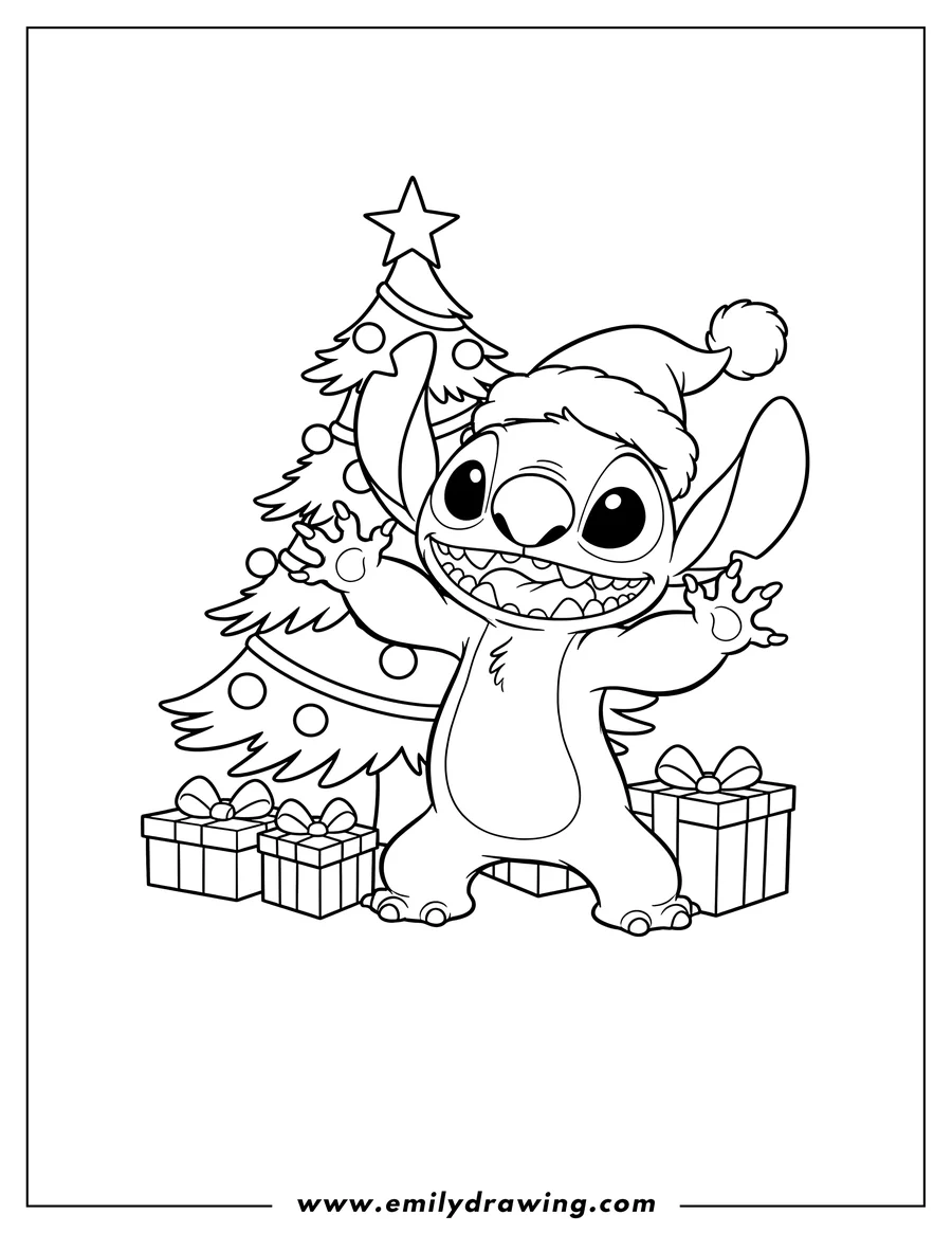 Coloring sheet featuring simple Stitch wearing a Santa hat, with hands raised, standing under a Christmas tree with presents