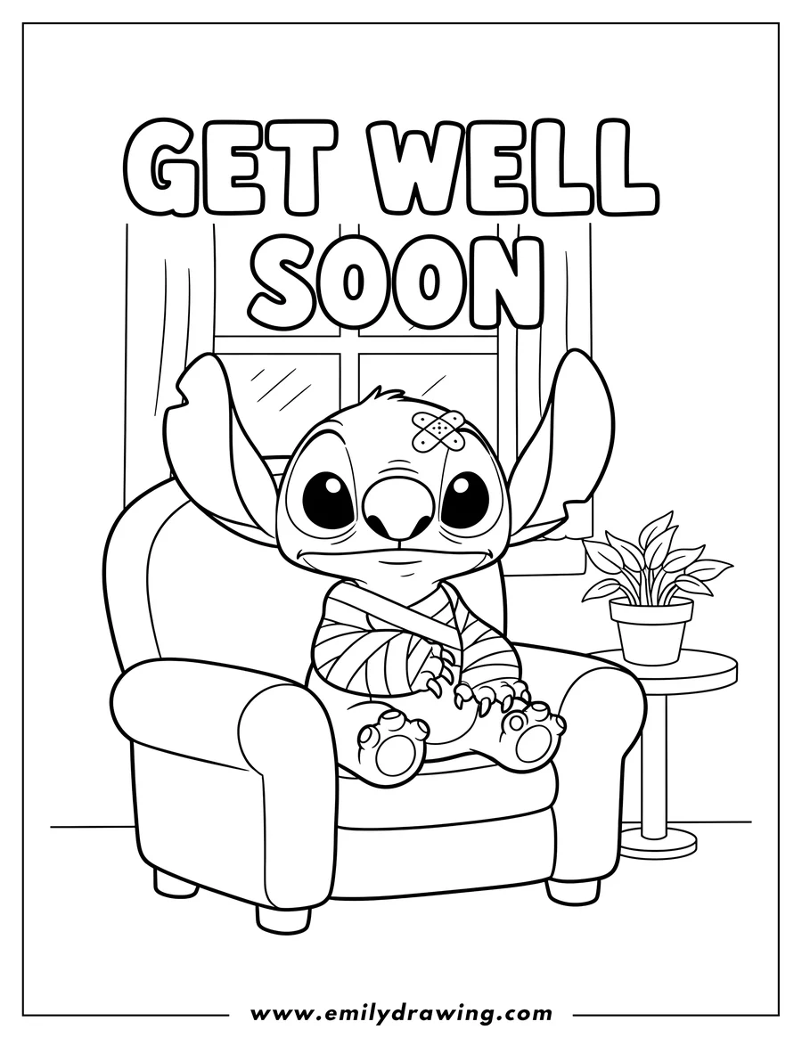 Printable line art of stitch sitting in a chair with a bandaged arm and 'Get Well Soon' words above him