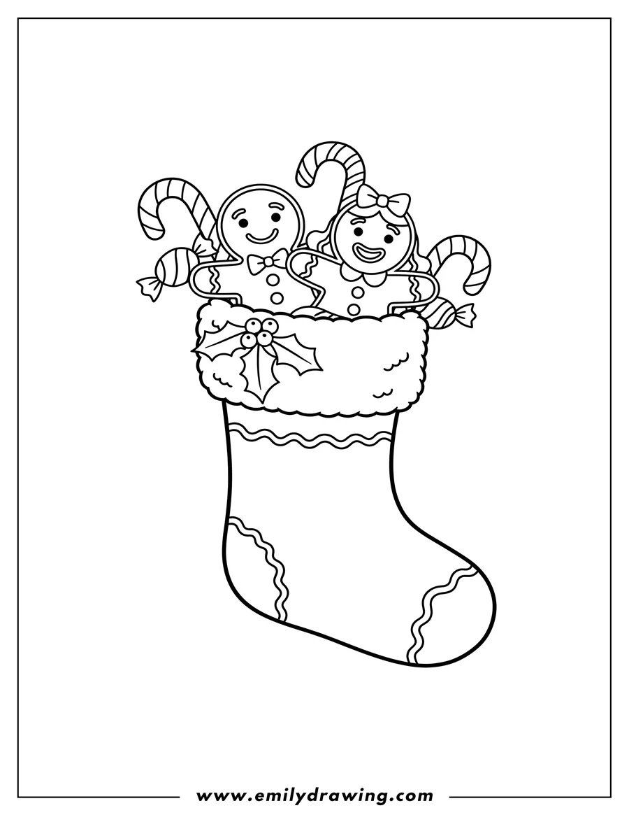 Printable coloring page of christmas stocking with a gingerbread man and a gingerbread girl inside