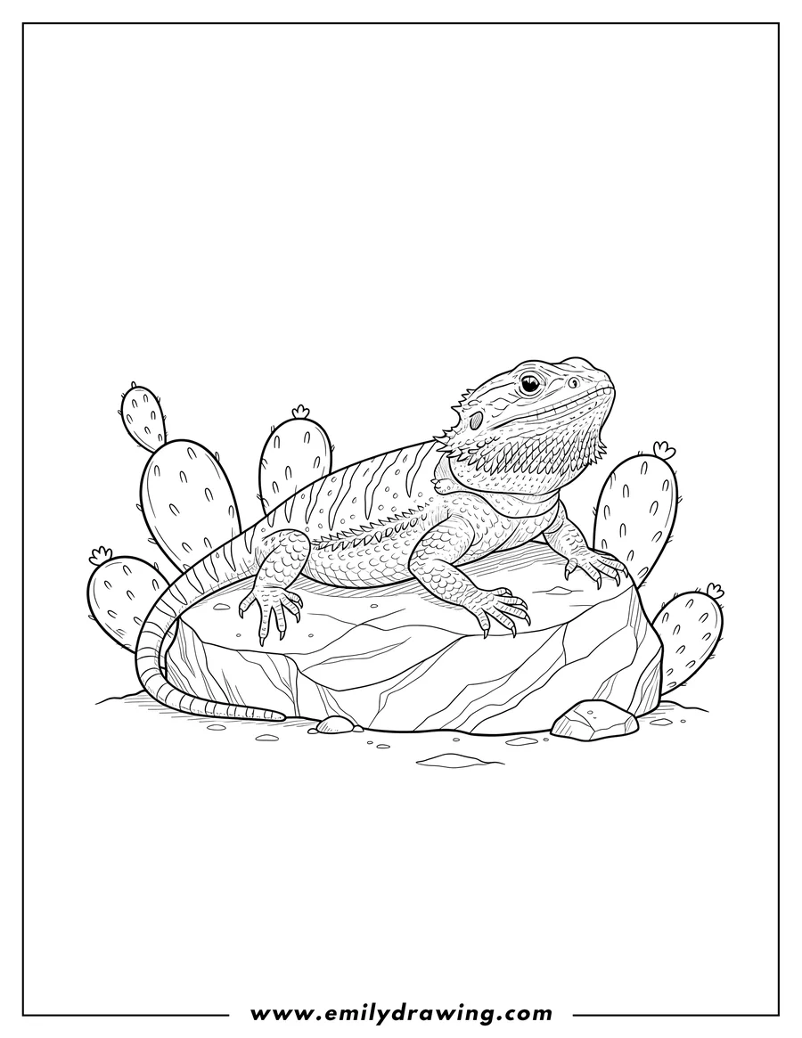 Vector style outline of striped Bearded Dragon lounging on a rock with paddle-shaped cacti