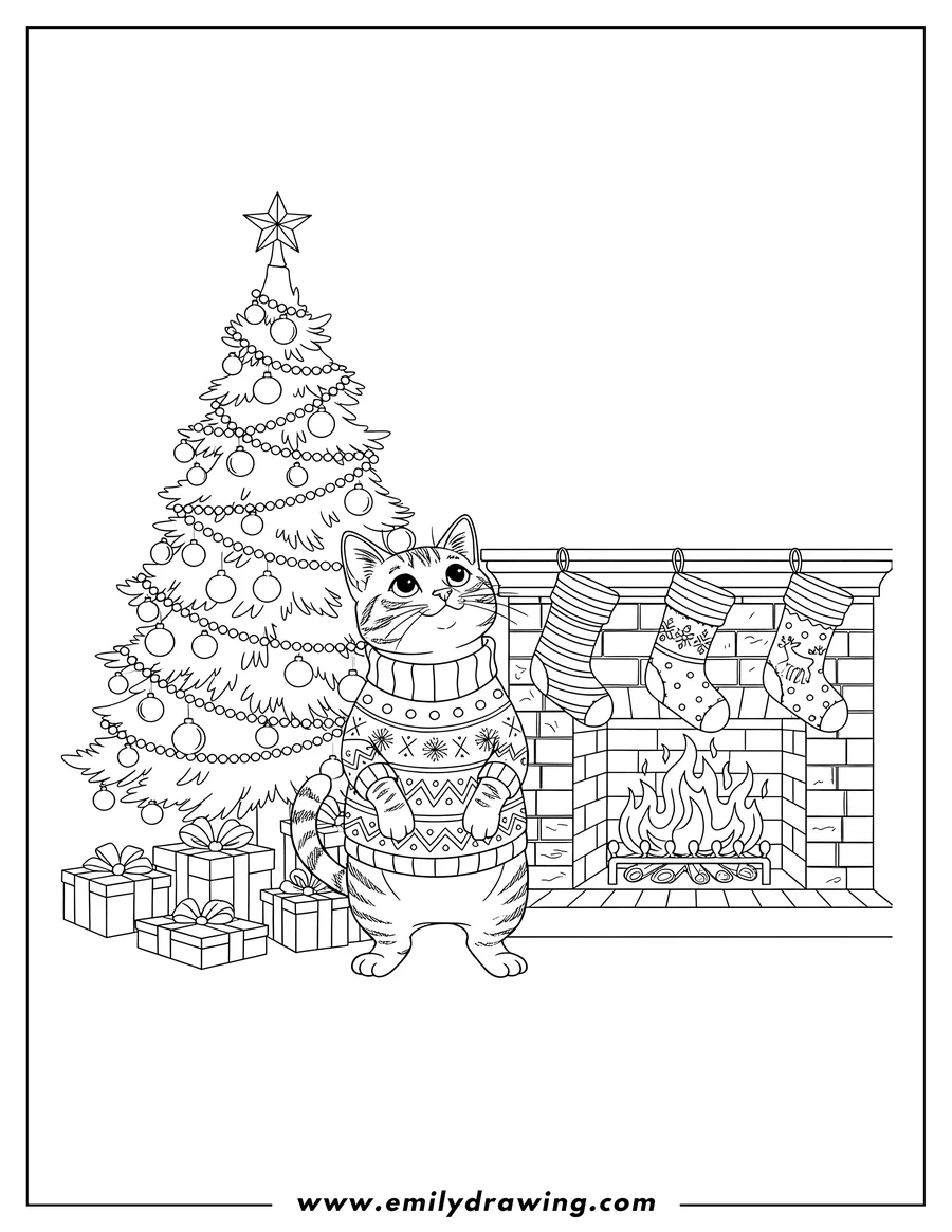 Printable line art of striped Christmas Cat in Sweater Looking Up Standing By Fireplace With Christmas tree and Stockings