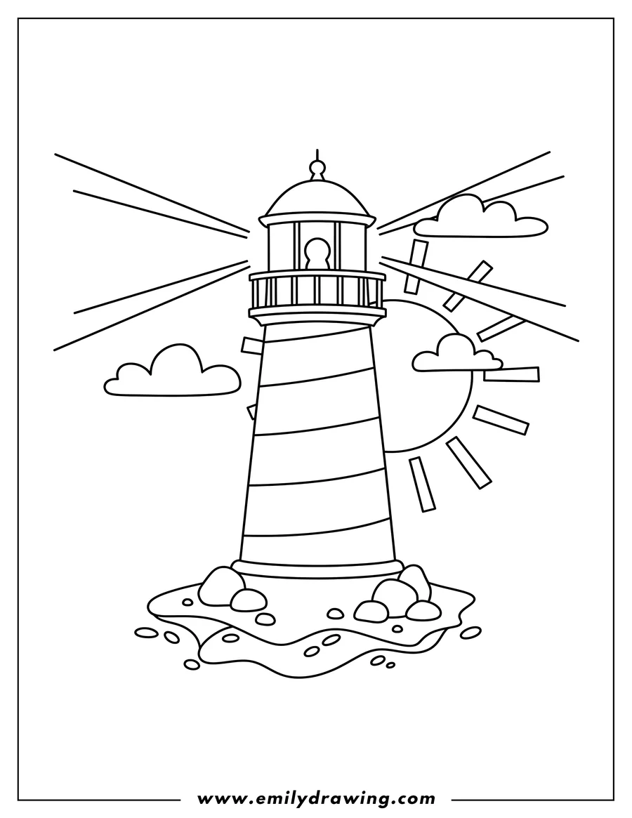 Coloring page for kids: simple striped lighthouse with light beams, for preschoolers