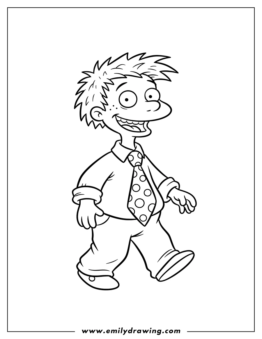 Black and white line art of simple Stu Pickles walking with a wide smile and polka-dot tie outline