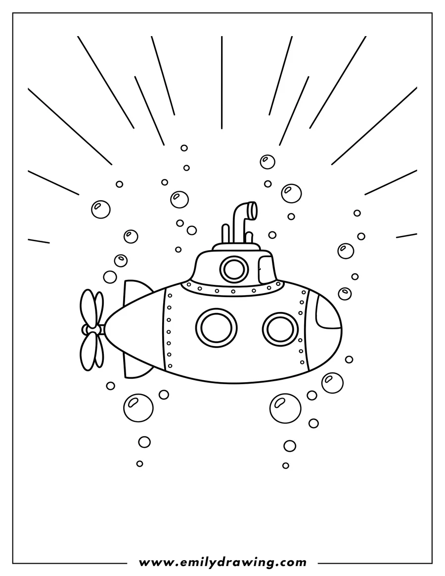 Printable line art of simple Submarine Outline with Conning Tower and Propeller, with Sun Rays and Bubbles