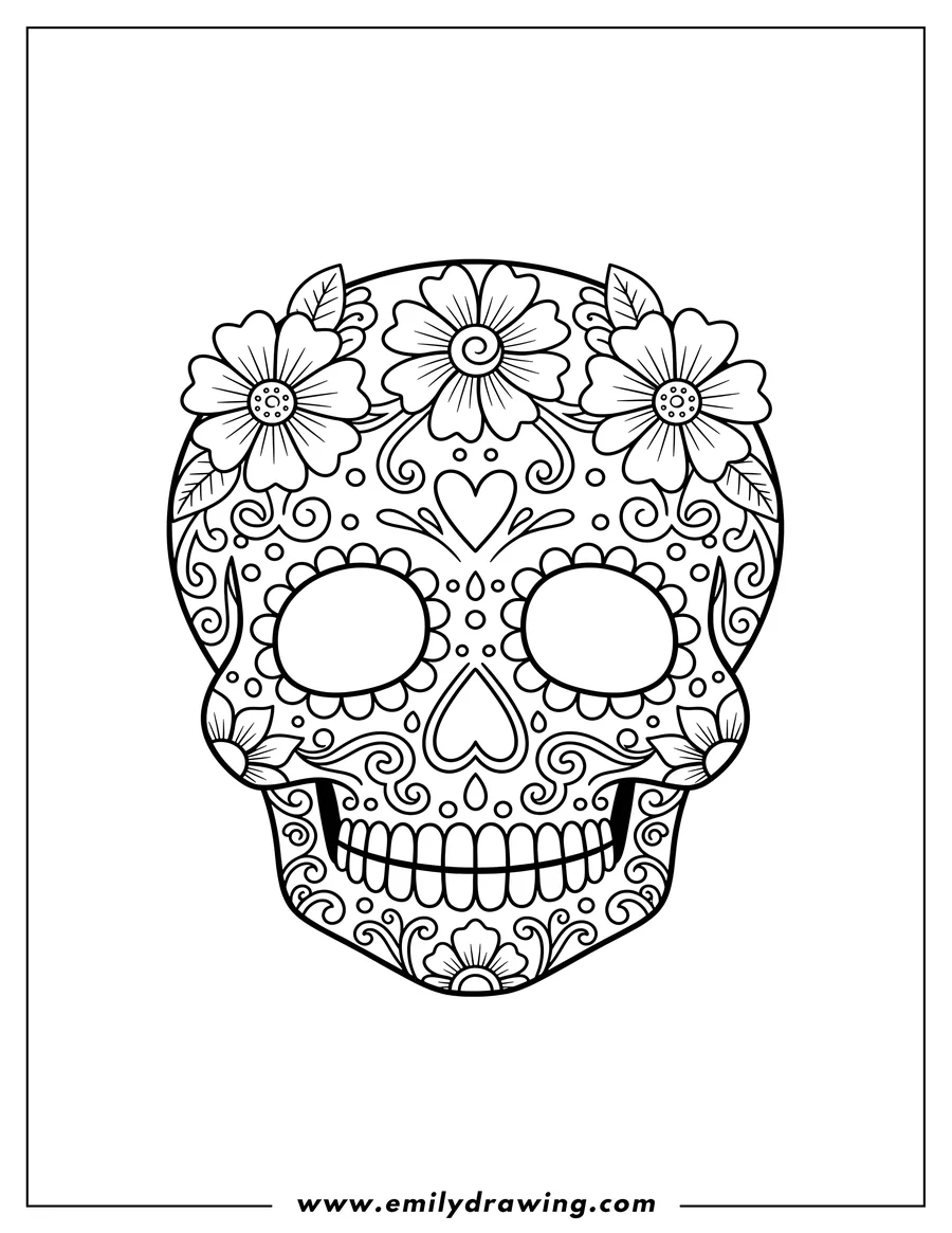 Black and white line art of sugar Skull With Floral Patterns, black and white coloring page for preschoolers, with a heart-shaped nose