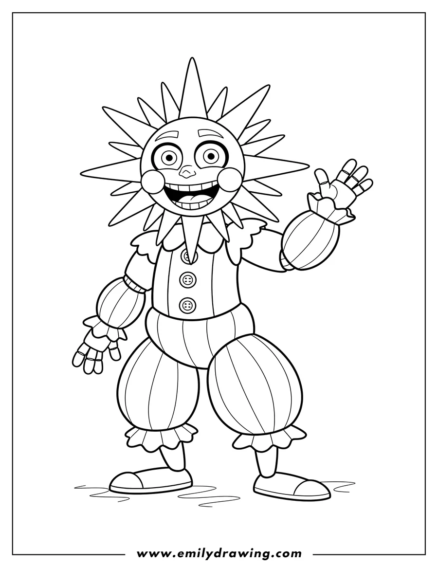 Printable line art of five Night At Freddy S Sun Daycare Attendant smiling, wearing a collared shirt and ruffled pants