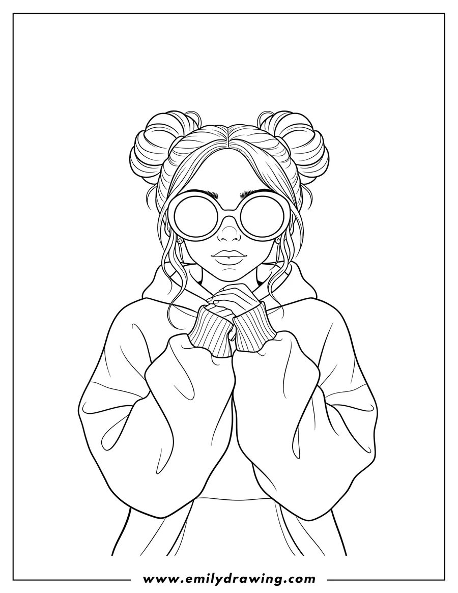 Clean line drawing: simple Billie Eilish Sunglasses Portrait with two bun hairstyles and hands clasped