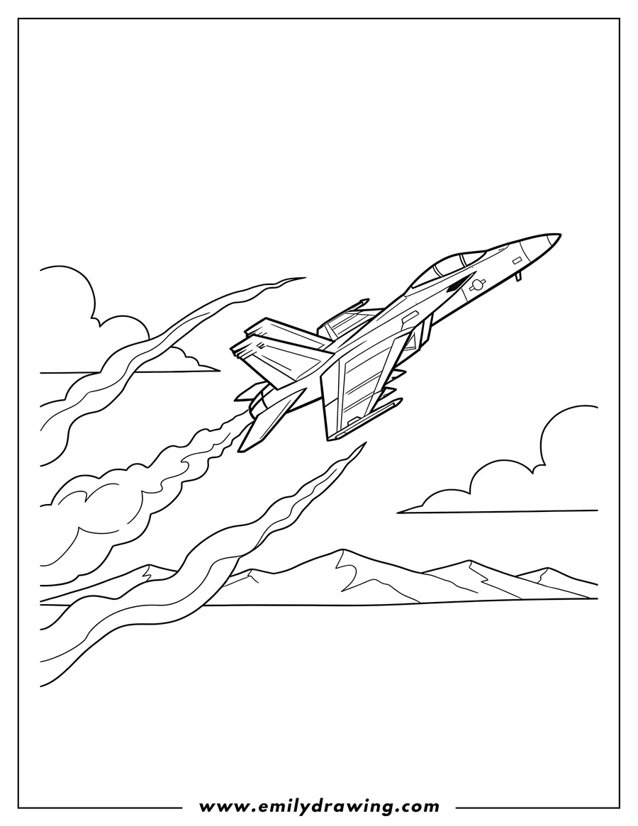 Simple sketch of super Hornet Jet flying with smoke trails to color