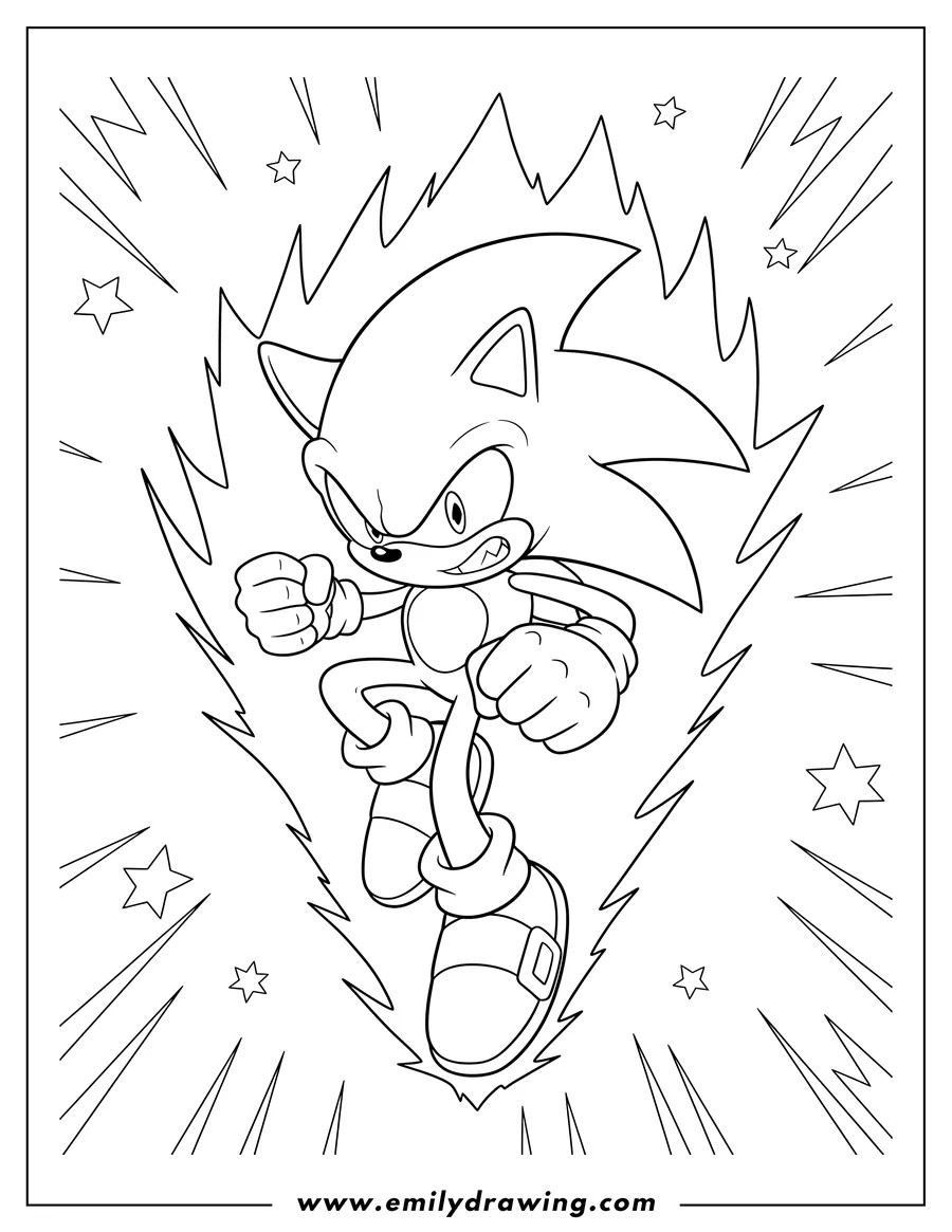 Printable coloring page of super Sonic Leaping with Fists Clenched and an Angry Expression