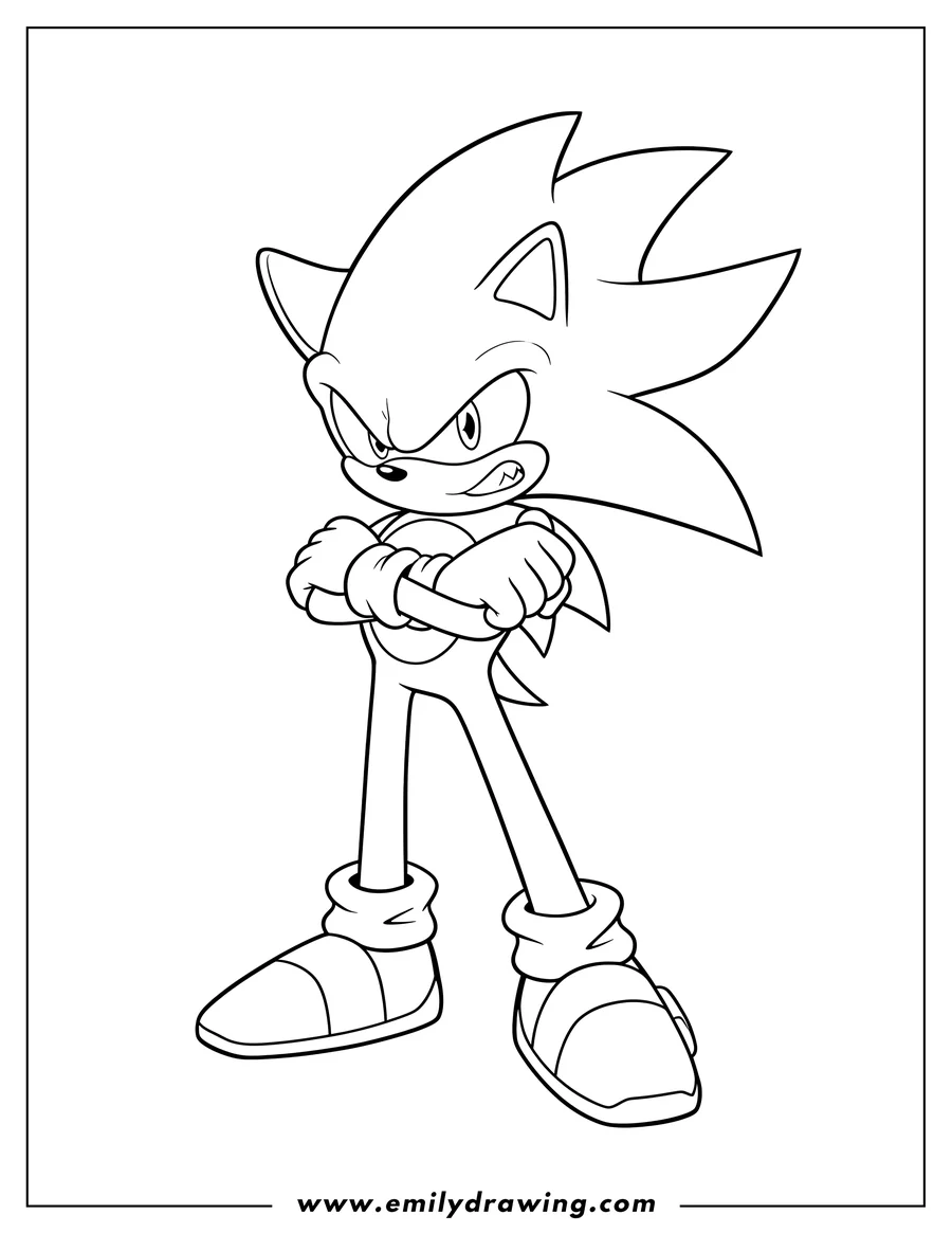 Downloadable coloring page of simple Super Sonic Outline, standing with an angry expression