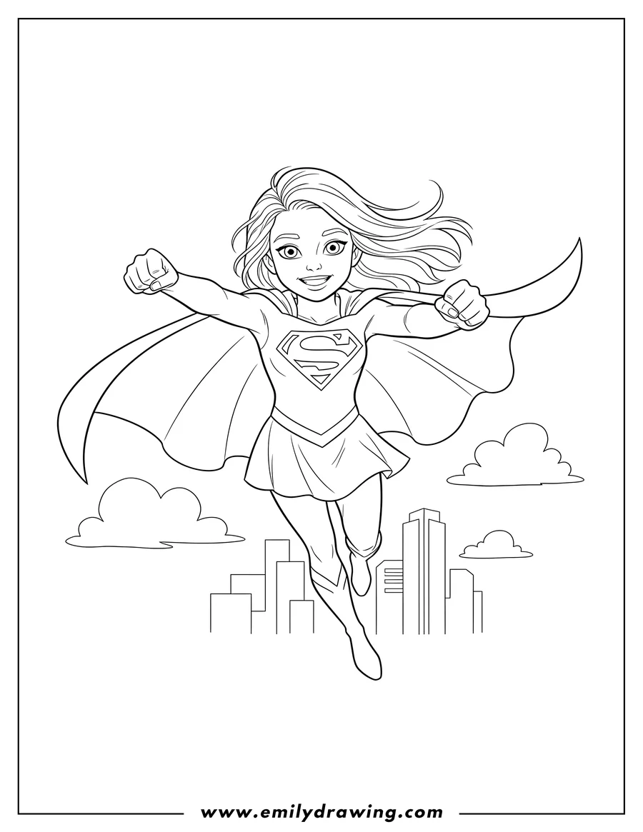 Downloadable coloring page of supergirl Superhero flying with her cape flowing