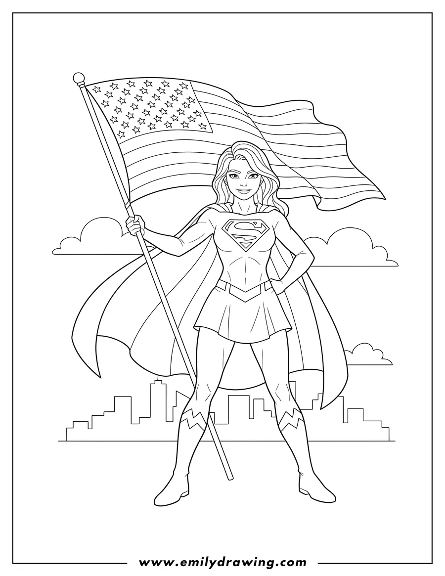 Full page coloring image of supergirl standing confidently, holding an American flag with a flowing cape