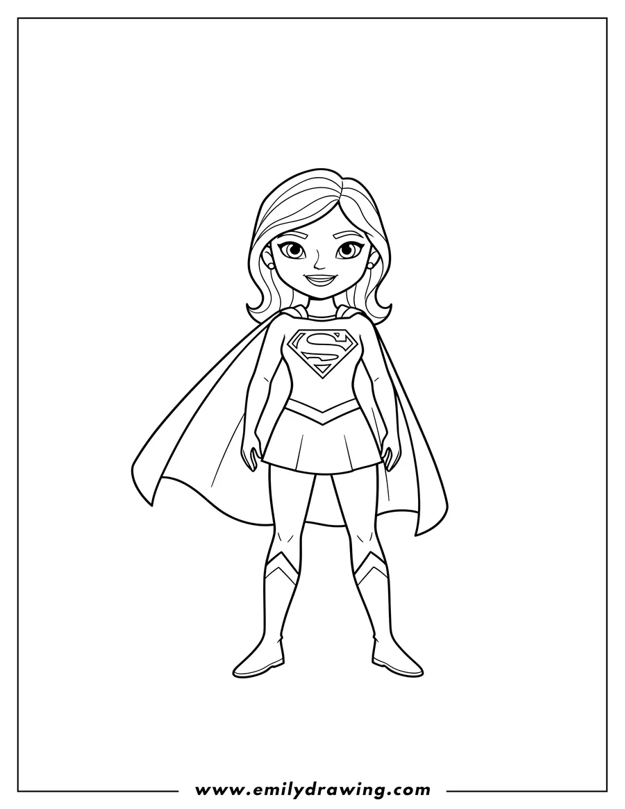 PDF style coloring page: simple Supergirl, standing with a cape and smiling